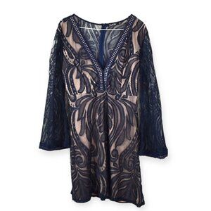 Zume Dress M Womens Lace Navy Blue V Neck Flare Long Sleeve Polyester Lined